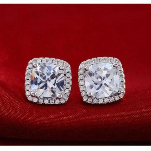 NEW Silver Cushion Diamond Halo Stud Earrings - Picture 7 of 7